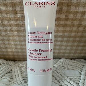 Clarins Gentle Foaming Cleanser - White and Red Text